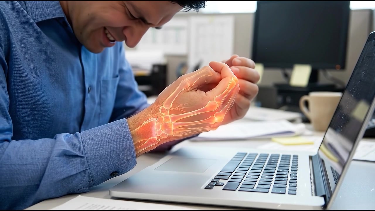 Uomo che prova dolore alla mano e al polso mentre lavora alla scrivania dell'ufficio