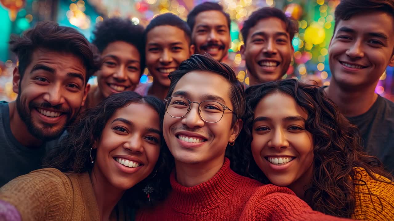 Pressing smartphone shutter, friend capturing eight friends celebrating under plaza string lights