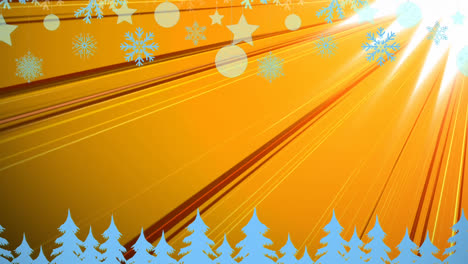 animation of snow falling over glowing rays on orange background