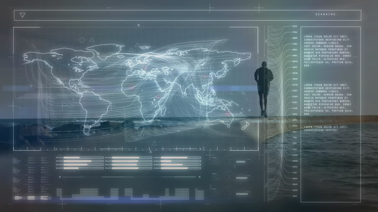 Animation of data processing over fit man running at beach