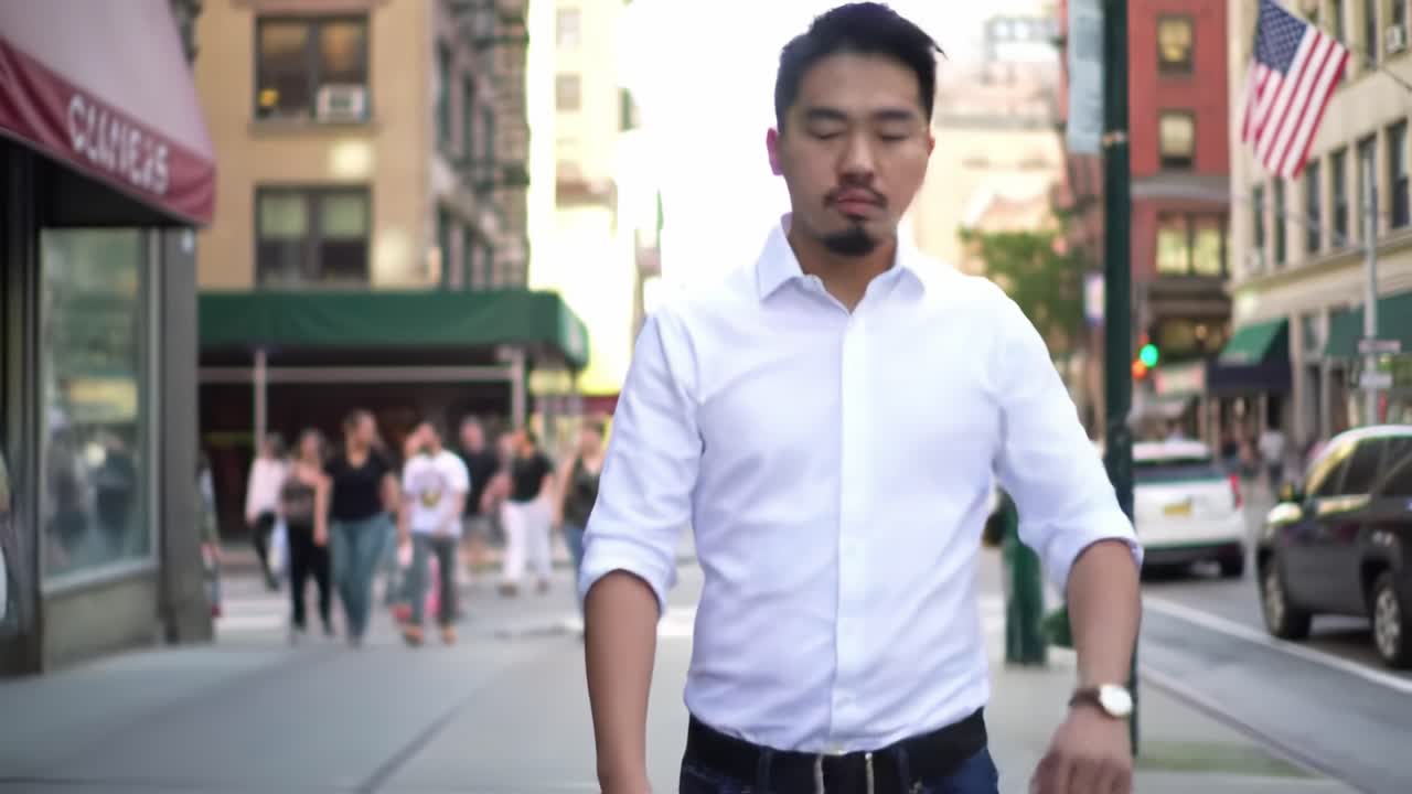 A Confident Individual Walking Through a Bustling Urban Street, Surrounded by Vibrant City Life and Engaged Pedestrians in a Lively Environment