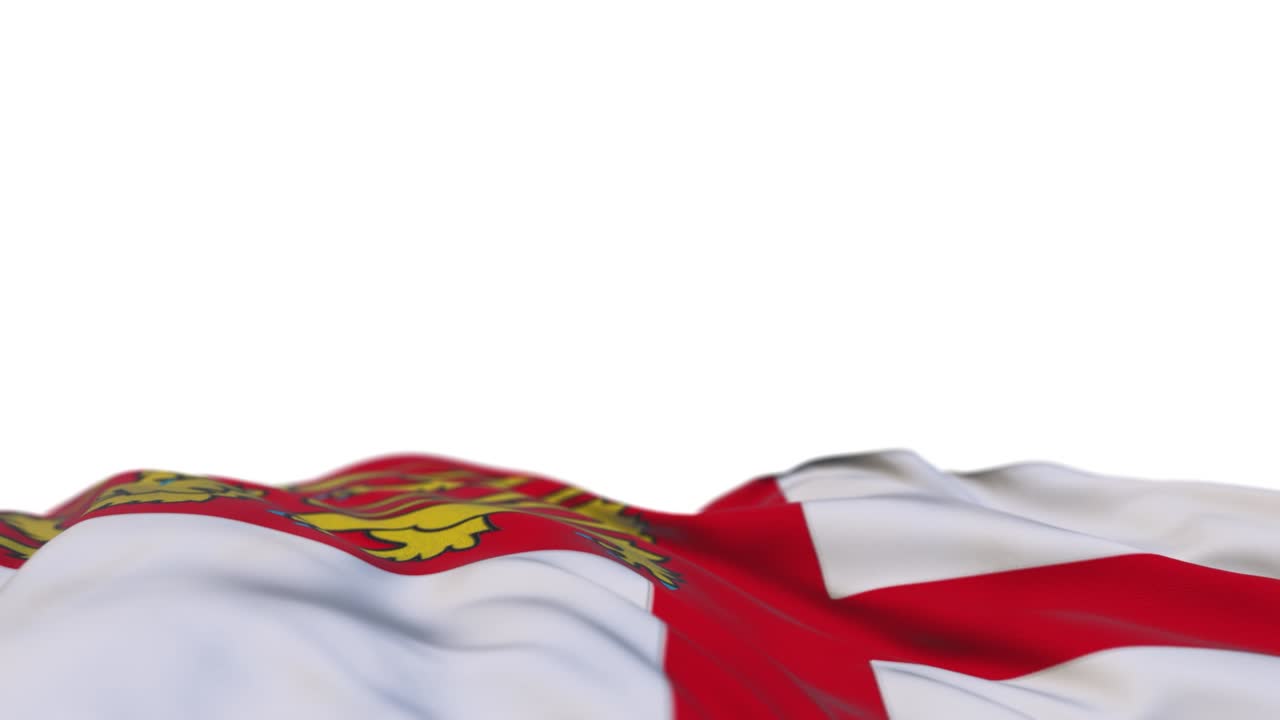 sark bandera de tela ondeando en el bucle de viento. sark bordado estandarte de tela cosida balanceándose en la brisa. fondo blanco medio lleno. lugar para el texto. bucle de 20 segundos.
