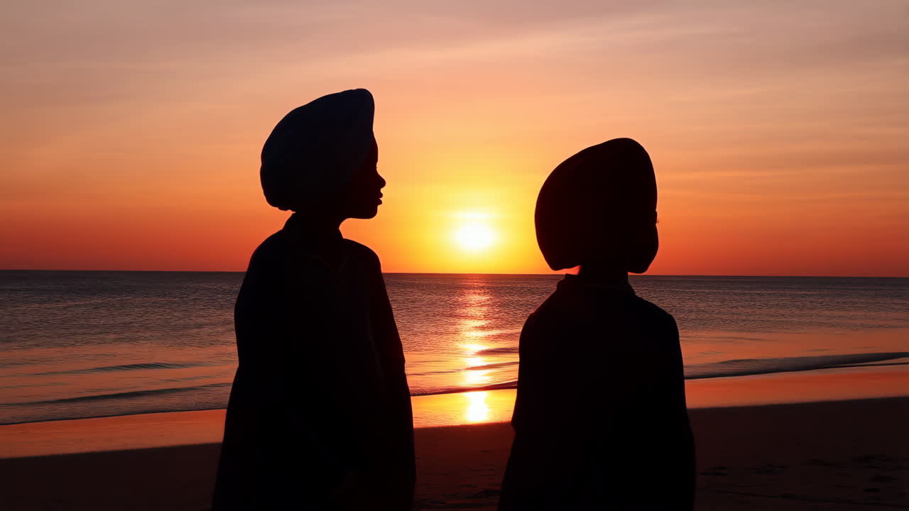Two People Silhouetted Against a Sunset on the Beach