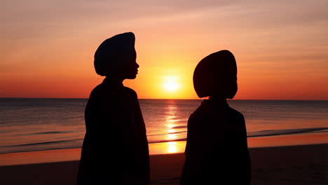 two people silhouetted against a sunset on the beach