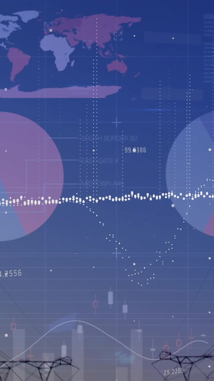 Animation of infographic interface over transmission towers against clear sky