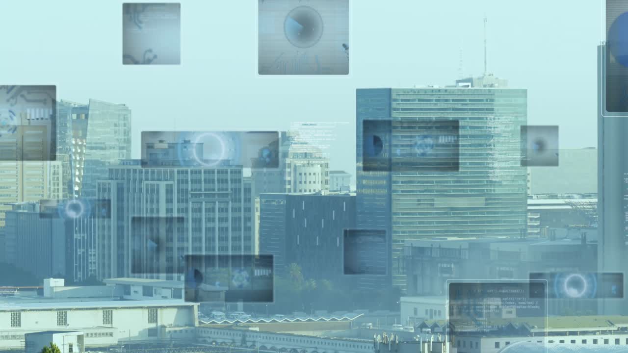 도시 풍경 위의 데이터 처리 및 범위 스캐닝의 애니메이션