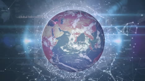 animation of globe with data processing and network of connections on black background