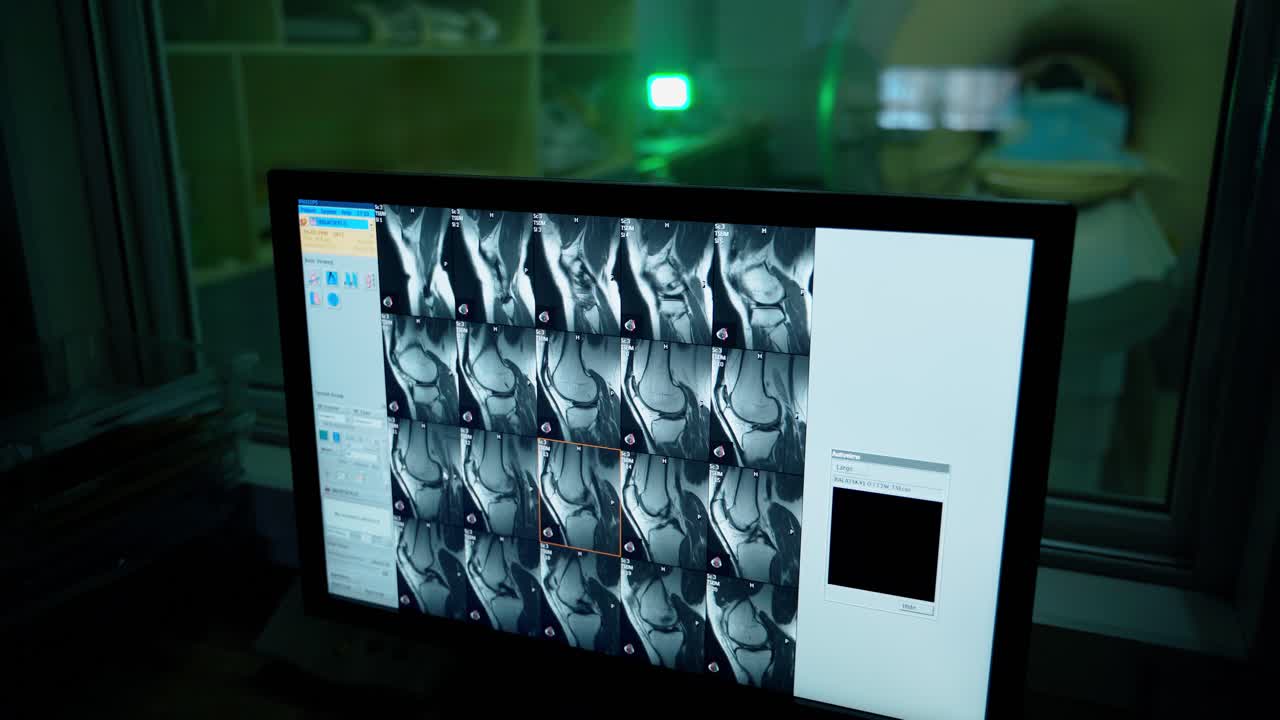 Radiology x-ray on computer display. Monitor is showing the scan results of patient. X-ray medical cabinet in hospital. Workplace of doctor in clinic. Healthcare.