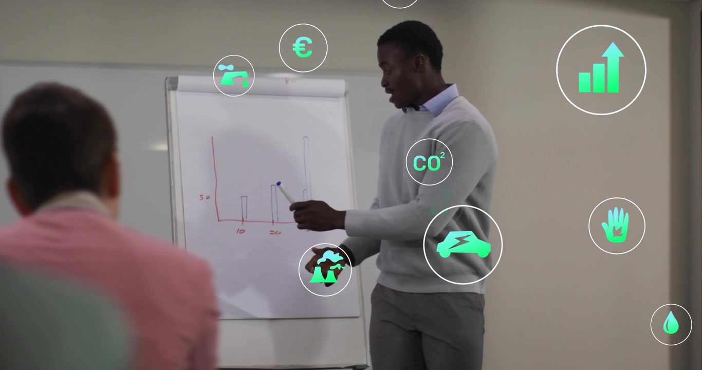 Animateur ouvrant les bras, saisissant un stylo, dessinant un graphique à barres, enseignant la finance verte, avec des icônes superposées au graphique.