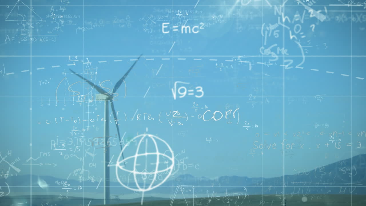Mathematical equations and formulas animation over wind turbine in landscape
