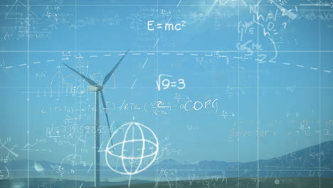 mathematical equations and formulas animation over wind turbine in landscape