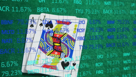 animation of stock market over playing cards on green background