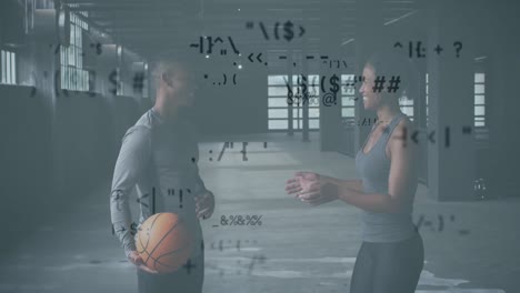 animación de iconos tecnológicos parpadeantes sobre un hombre y una mujer jugando con una pelota