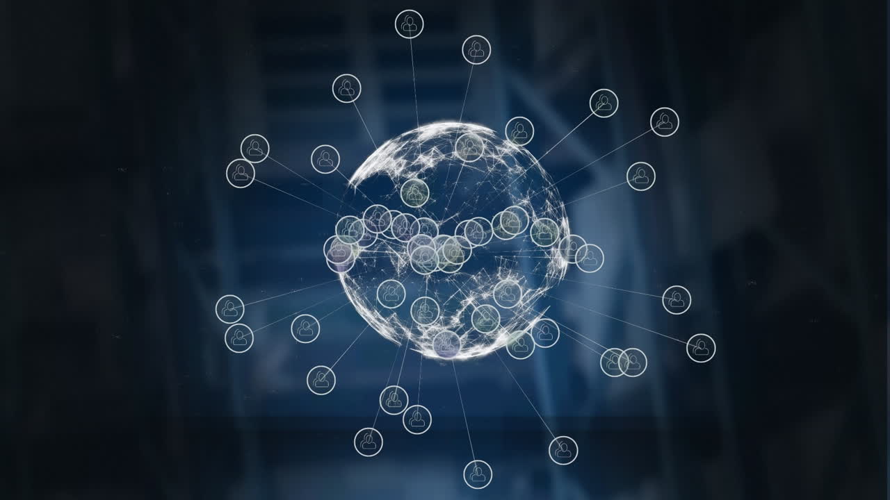 Multiple digital icons over globe spinning against warehouse in background