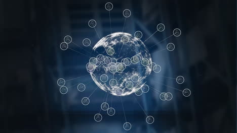 múltiples iconos digitales sobre el globo girando contra el almacén en el fondo