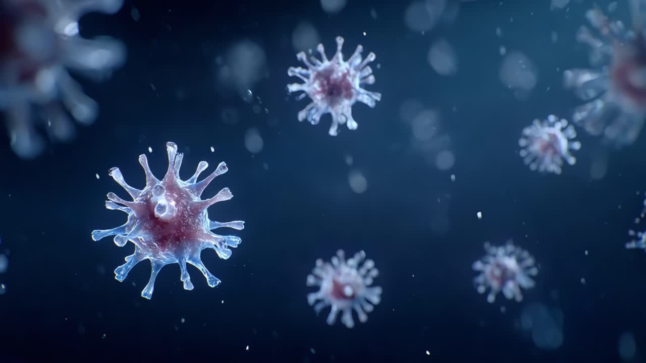Detailed Visualization of Viral Particles in Motion, Showcasing Unique Structures and Interactions in a Microscopic Environment Under Blue Lighting