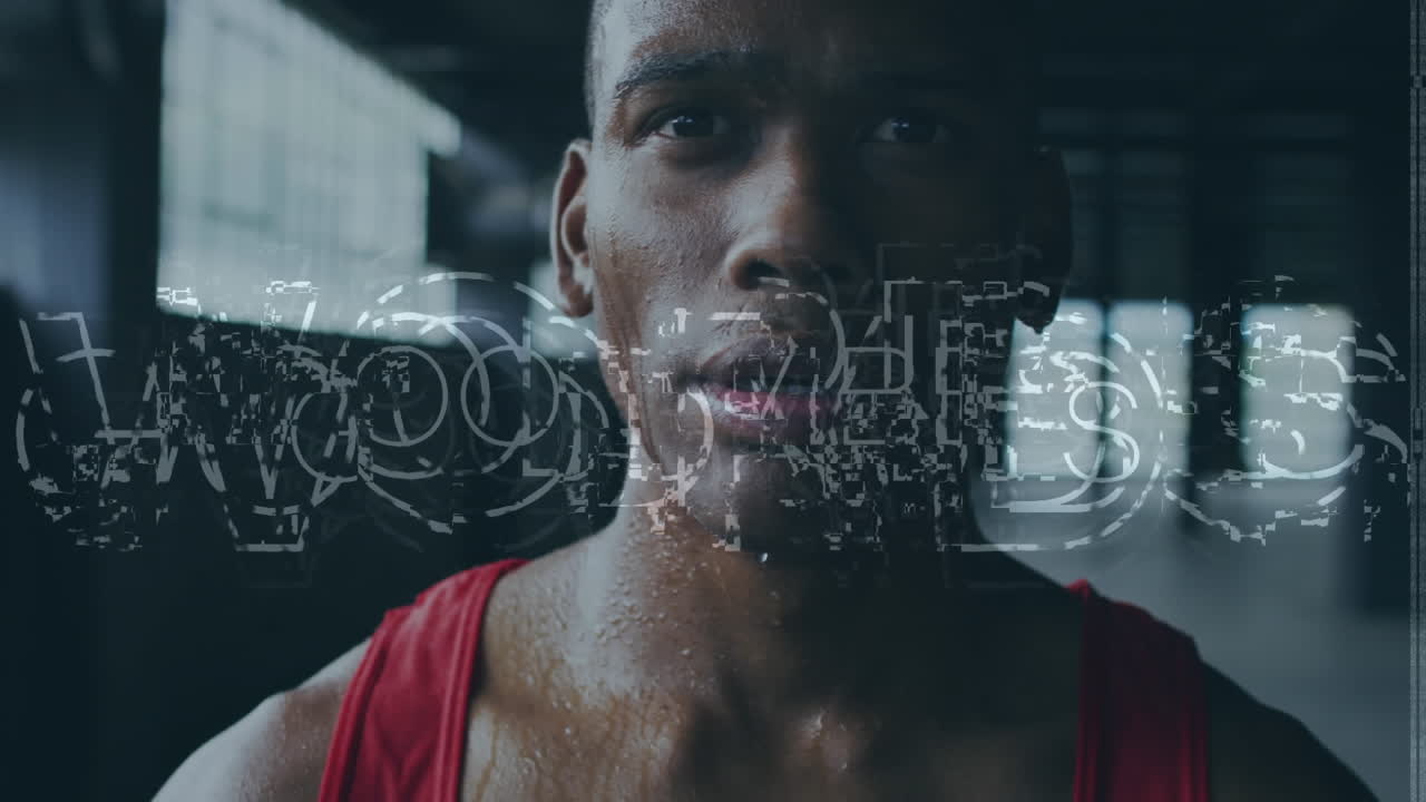 Animation of good vibes text and interference over biracial sportsman