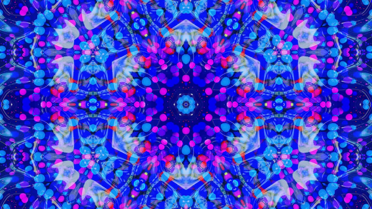 simetría estelar. efecto caleidoscopio de superficie líquida ondulada brillante con círculos distorsionados flotan como gotas de pintura en aceite. fondo creativo con gradiente multicolor en 4k. 3d