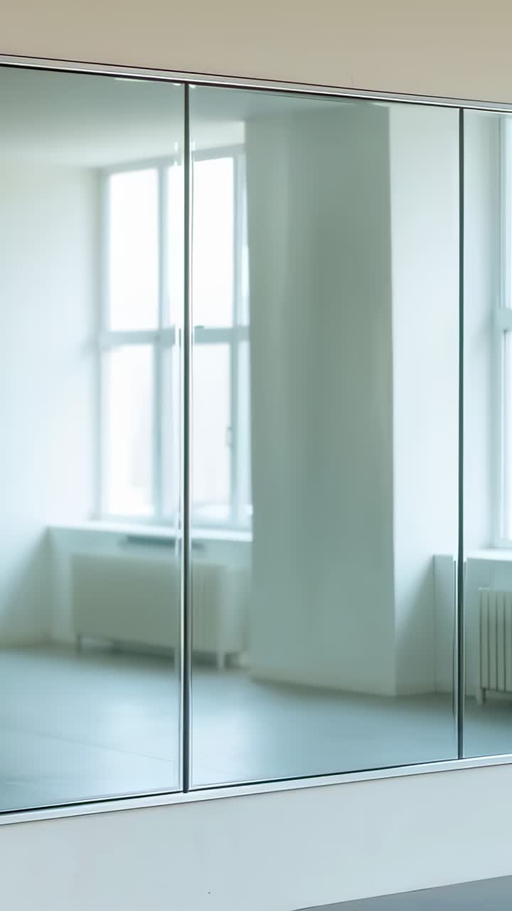 Vertical video: Panning camera revealing pink sofa and ottoman behind glass at home, showing plants