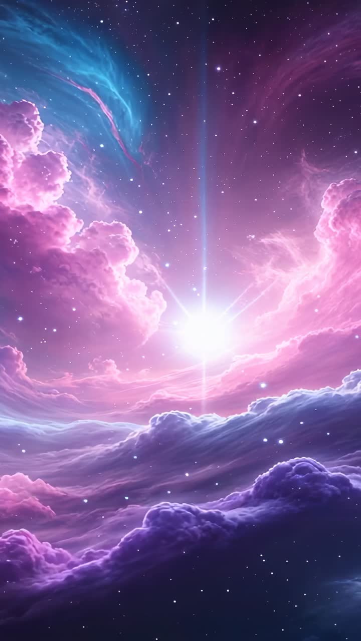 Vertical video: Drifting nebula clouds revealing pulsing star in space with beam and speckled stars