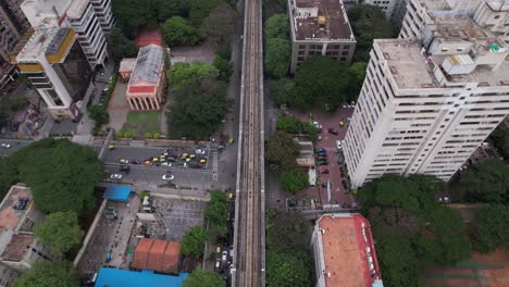 360 aerial perspective of a rooftop terrace and metro train track seen from above an office building parking is available within those structures