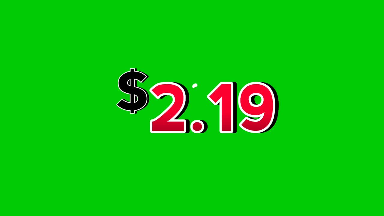 $2.19 Dollars price tag animation motion graphics in bold red numbers on green screen background with smoke effects. dollar symbol is displayed prominently perfect promotions, ads, banners, marketing