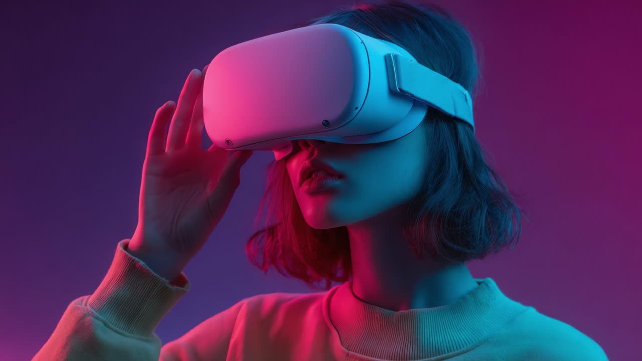 Esplorando nuove realtà: Una giovane donna interagisce con la tecnologia futuristica della realtà virtuale in un ambiente dai colori vividi