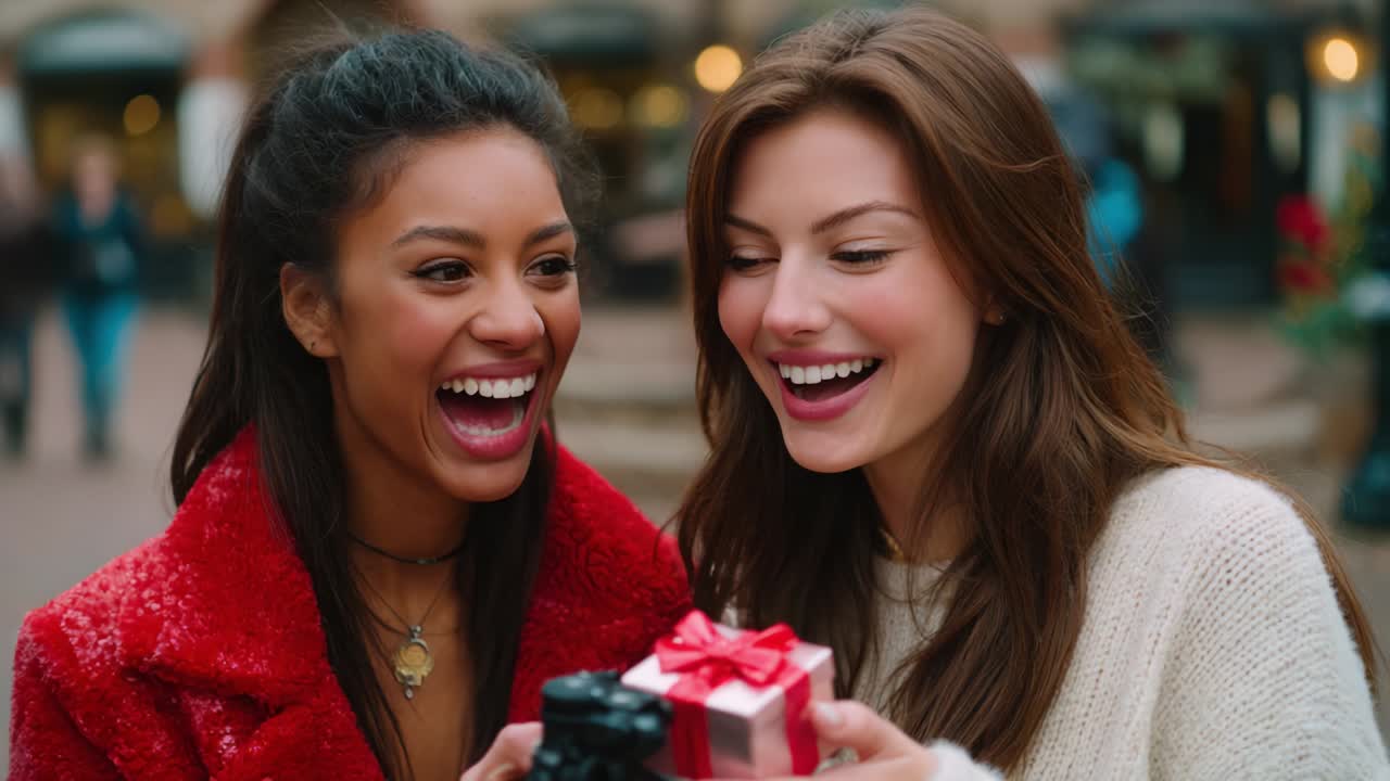 Two friends joyfully share a moment as they unwrap a gift while capturing the delightful experience on camera, embodying the spirit of friendship and celebration during a cheerful occasion
