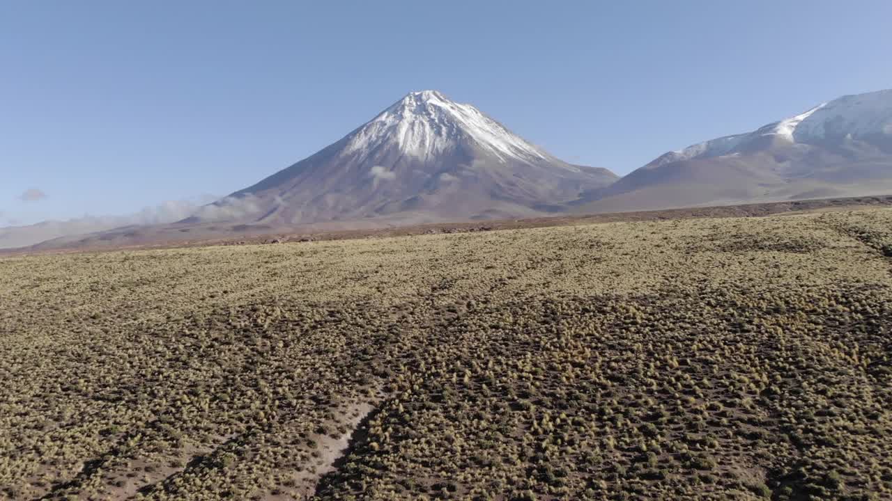 arbustos del desierto bajo prosperan en antena baja hacia el volcán licancabur
