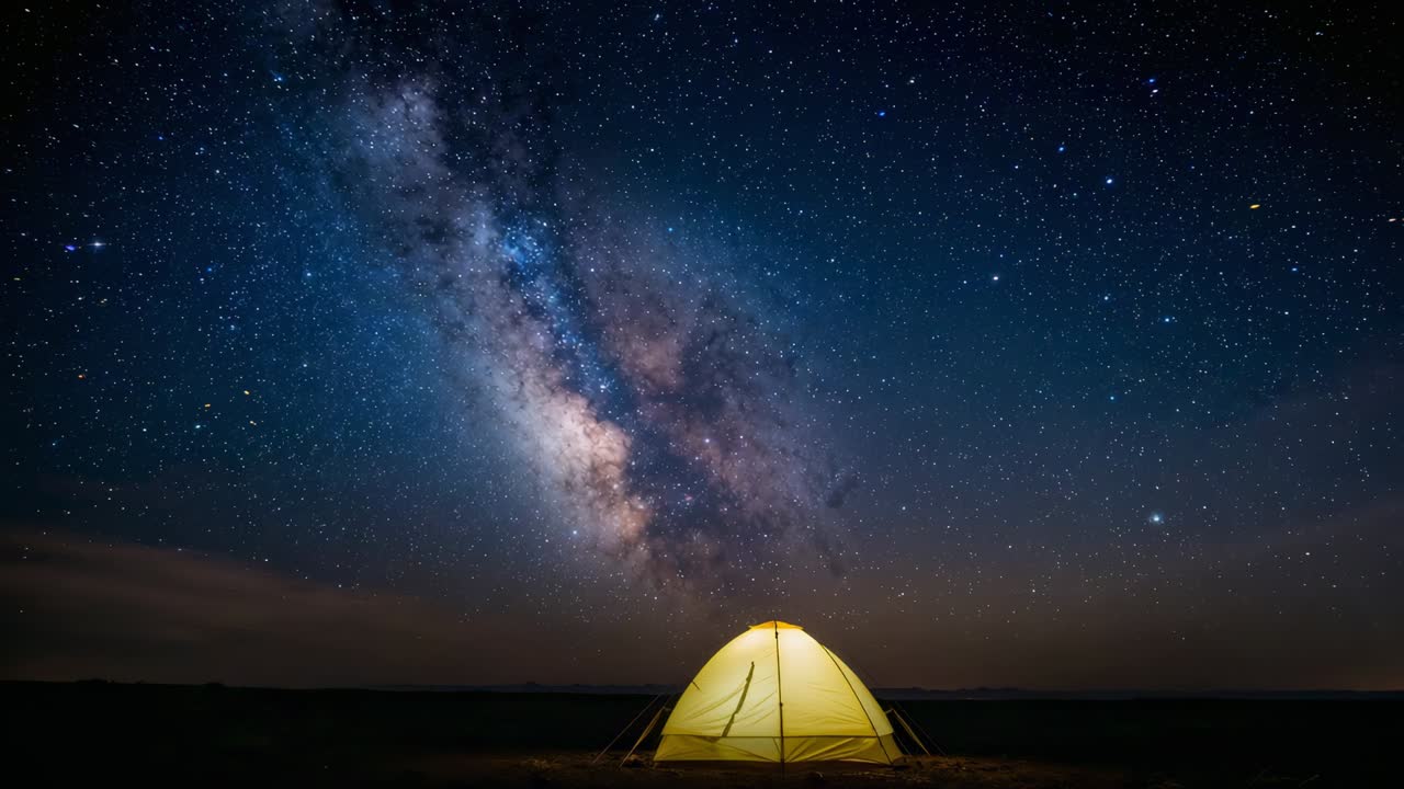 Starting timelapse cam capturing glowing tent with poles at remote site, capturing Milky Way above