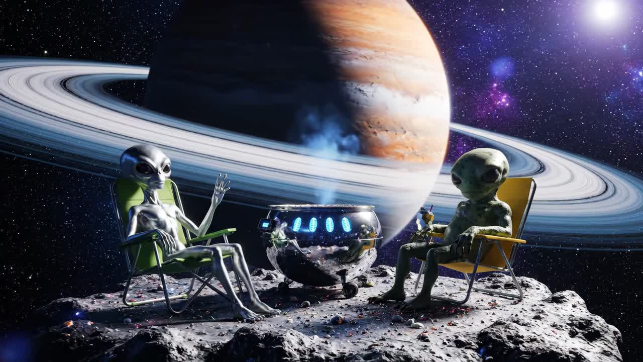 Aliens Relaxing in Outer Space with a View of Saturn