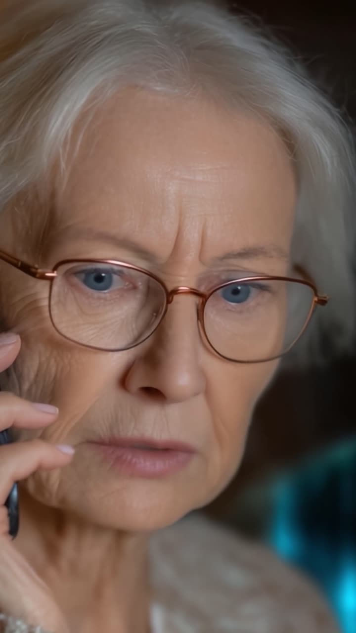 Uma Conversa Intensa: Uma Mulher Mais Velha Envolvida em uma Chamada Telefônica Emocional, Exibindo Preocupação e Urgência Através de Suas Expressões e Linguagem Corporal.