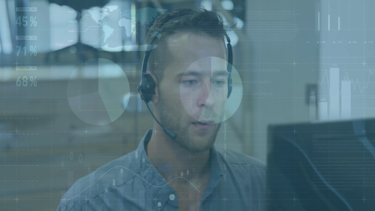 Animation of statistical data processing over caucasian man talking on phone headset at office