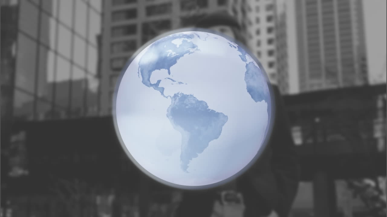 Animation d'un globe sur un homme d'affaires caucasien en ville