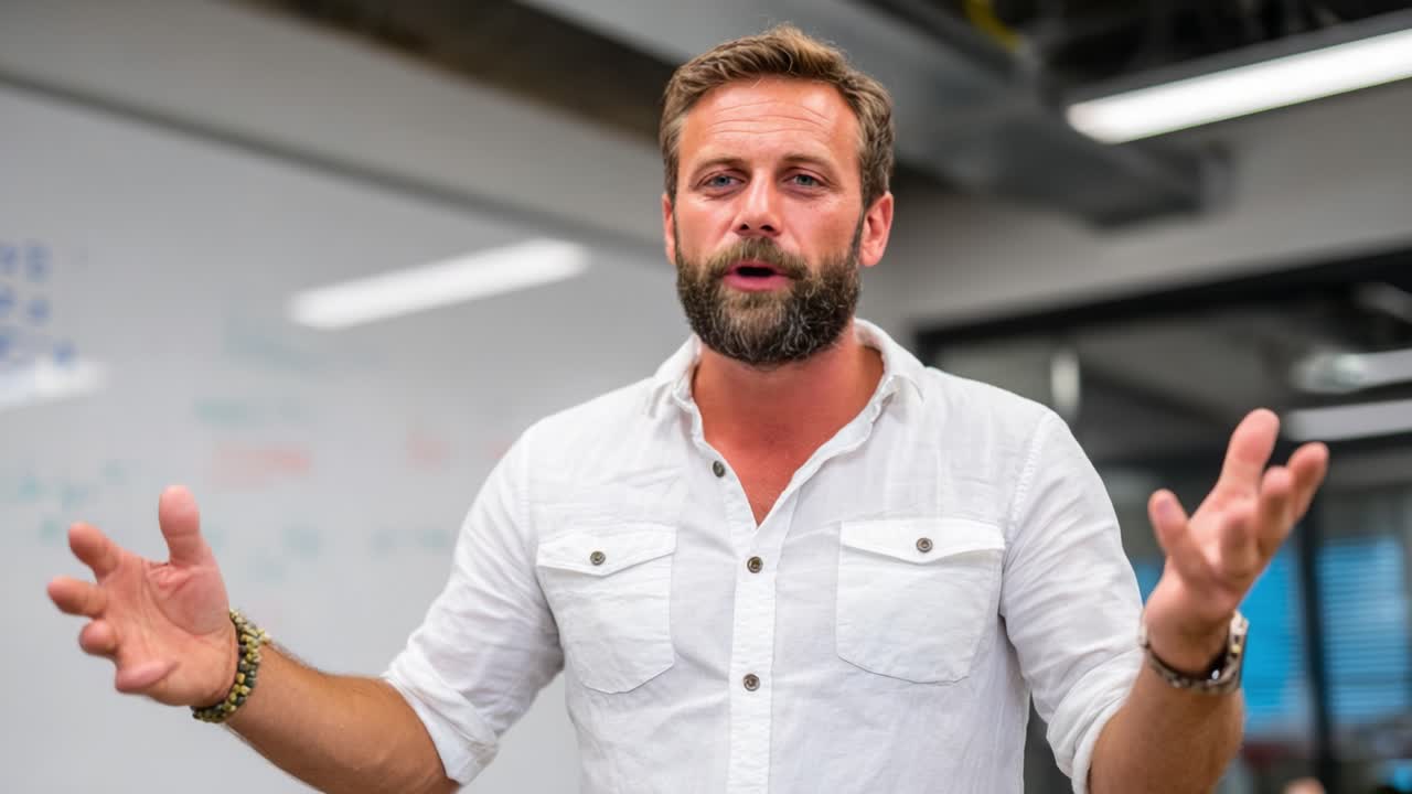 Engagerande talare diskuterar idéer med passionerade gester i en modern kontorsmiljö och inspirerar publiken med entusiastisk presentationsstil och dynamiska kommunikationsfärdigheter