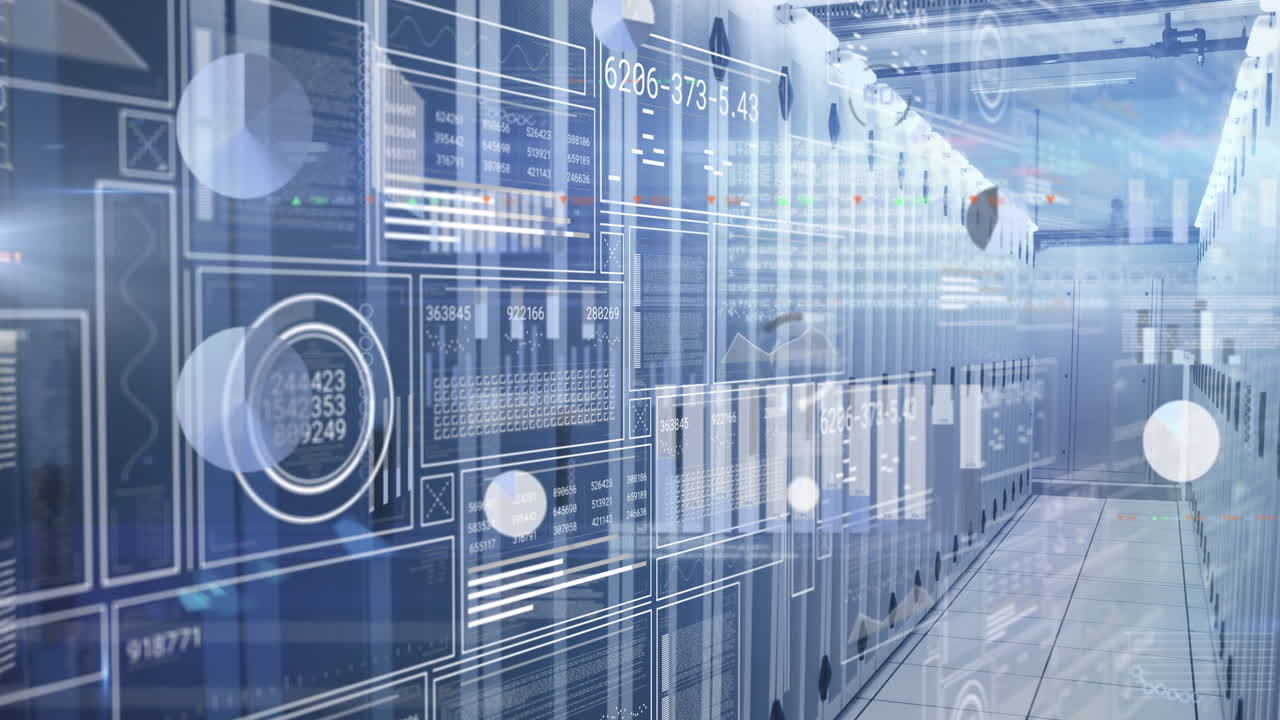 Animation of interface with statistical data processing against computer server room
