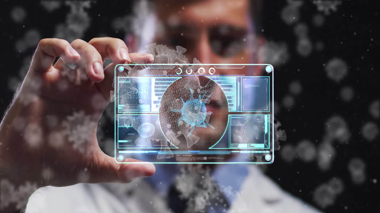 animación de células covid sobre la pantalla de retención del médico masculino con procesamiento de datos médicos