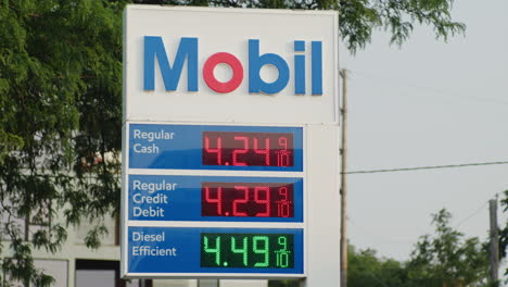 medium exterior shot of a gas station sign with prices