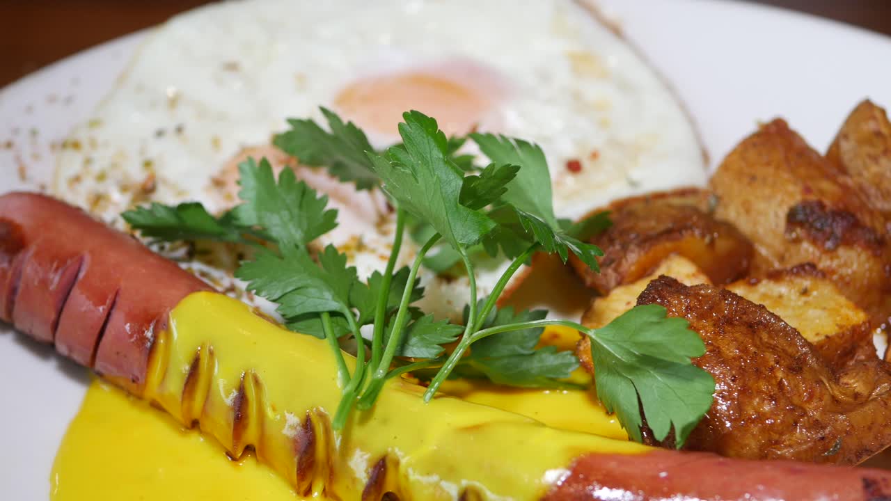 Piatto da colazione con uova fritte, salsicce e patate arrosto
