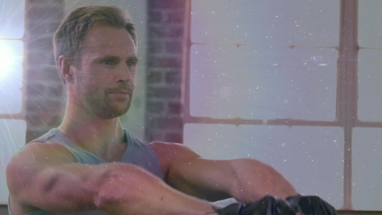 Trainer tightening grip and lifting kettlebell in fitness studio, animated rep counter guiding form