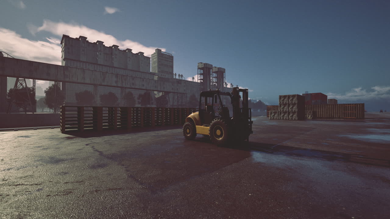 Forklift operates at industrial loading area near city skyline during evening
