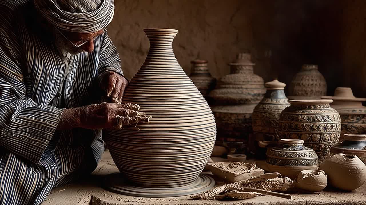 Um artesão habilidoso molda o barro na roda de oleiro, aperfeiçoando um vaso lindamente detalhado em uma oficina rústica cercada por criações de cerâmica tradicionais