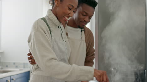 love, health and black couple cooking food