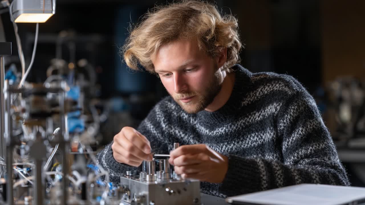 A meticulous young technician focuses on precision assembly within a high-tech laboratory, demonstrating skill and concentration while working with intricate mechanical components