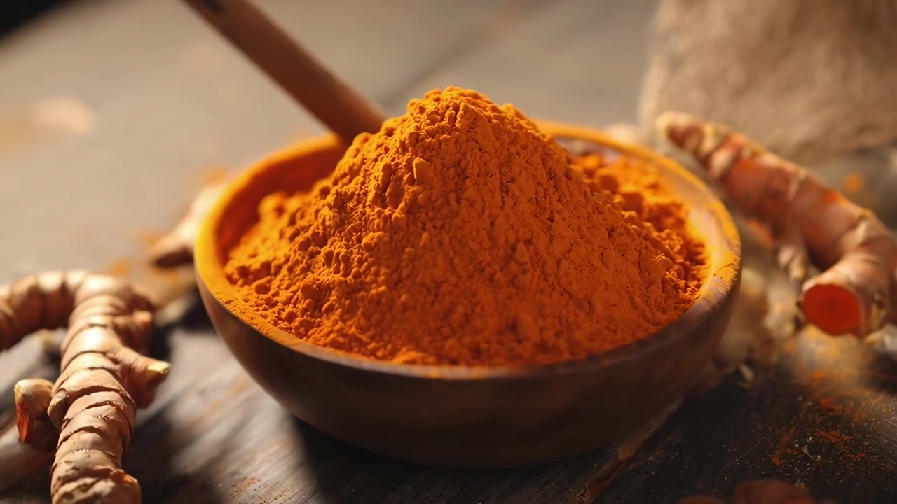Curcuma in polvere in una ciotola di legno con radici fresche di curcuma