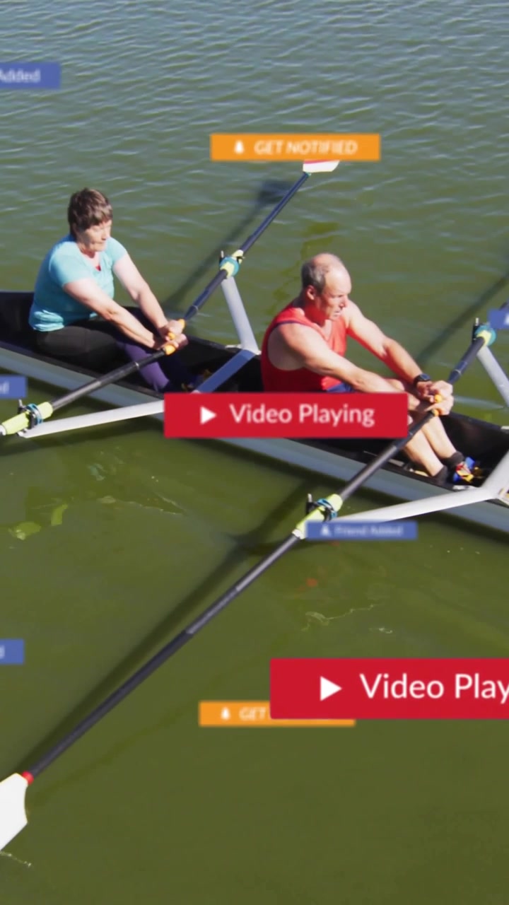 Vertical video: Senior woman starting stroke, man joining, badges obscuring, pair rowing for sport