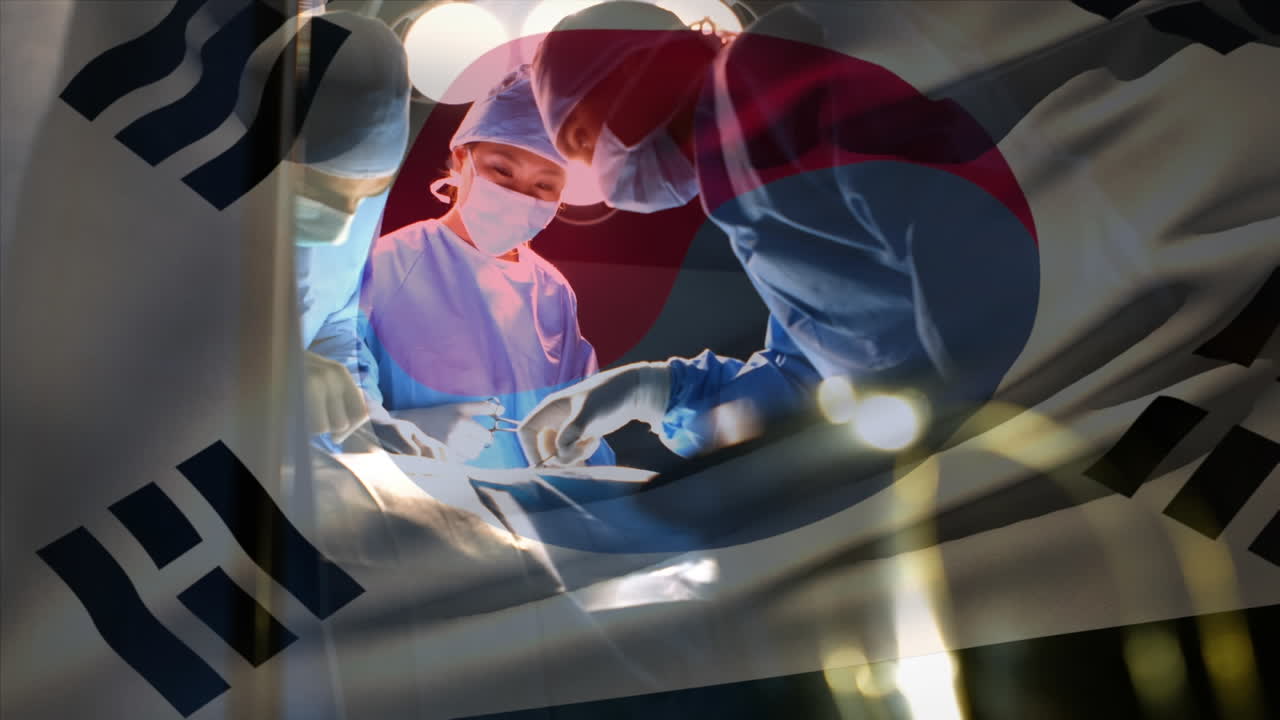 수술실에서 외과 의사 들 위 에 한국 의  ⁇ 발 이 흔들리는 애니메이션