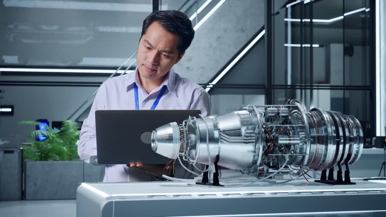엔지니어가 현대적인 실험실에서 노트북에서 제트 엔진 디자인을 검토하고 있습니다.
