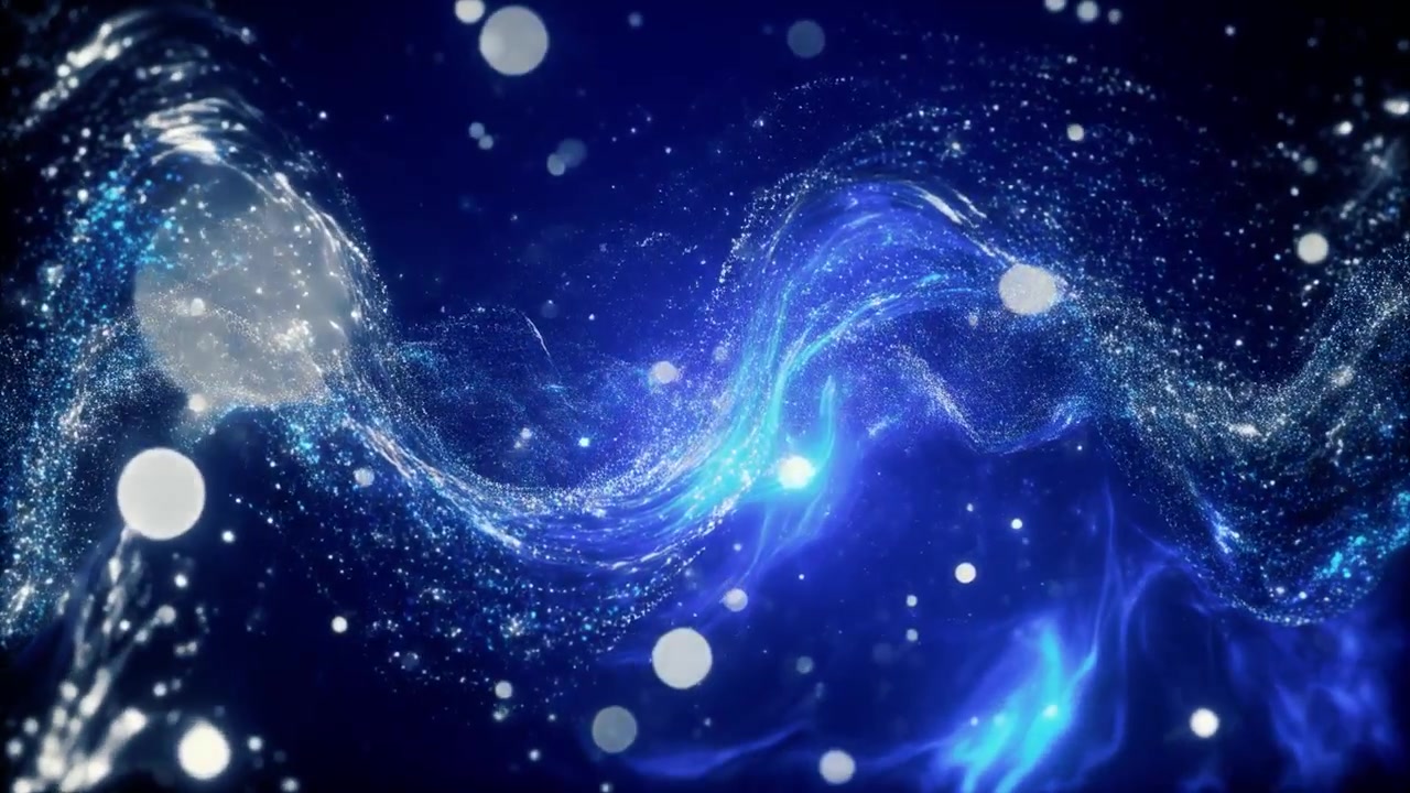 暗闇の空間を流れる抽象的な青い粒子