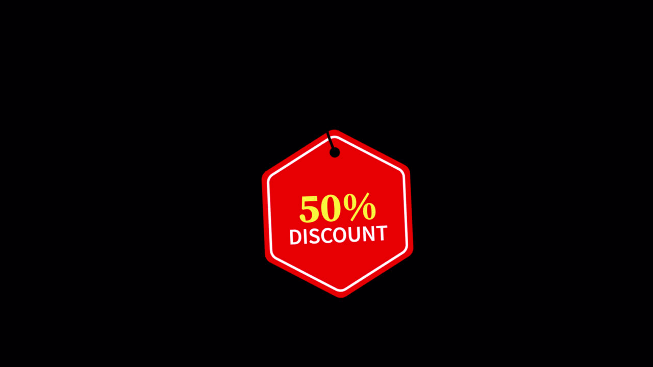 Etichetta animata esagonale rossa con sconto del 50% che oscilla su sfondo nero.